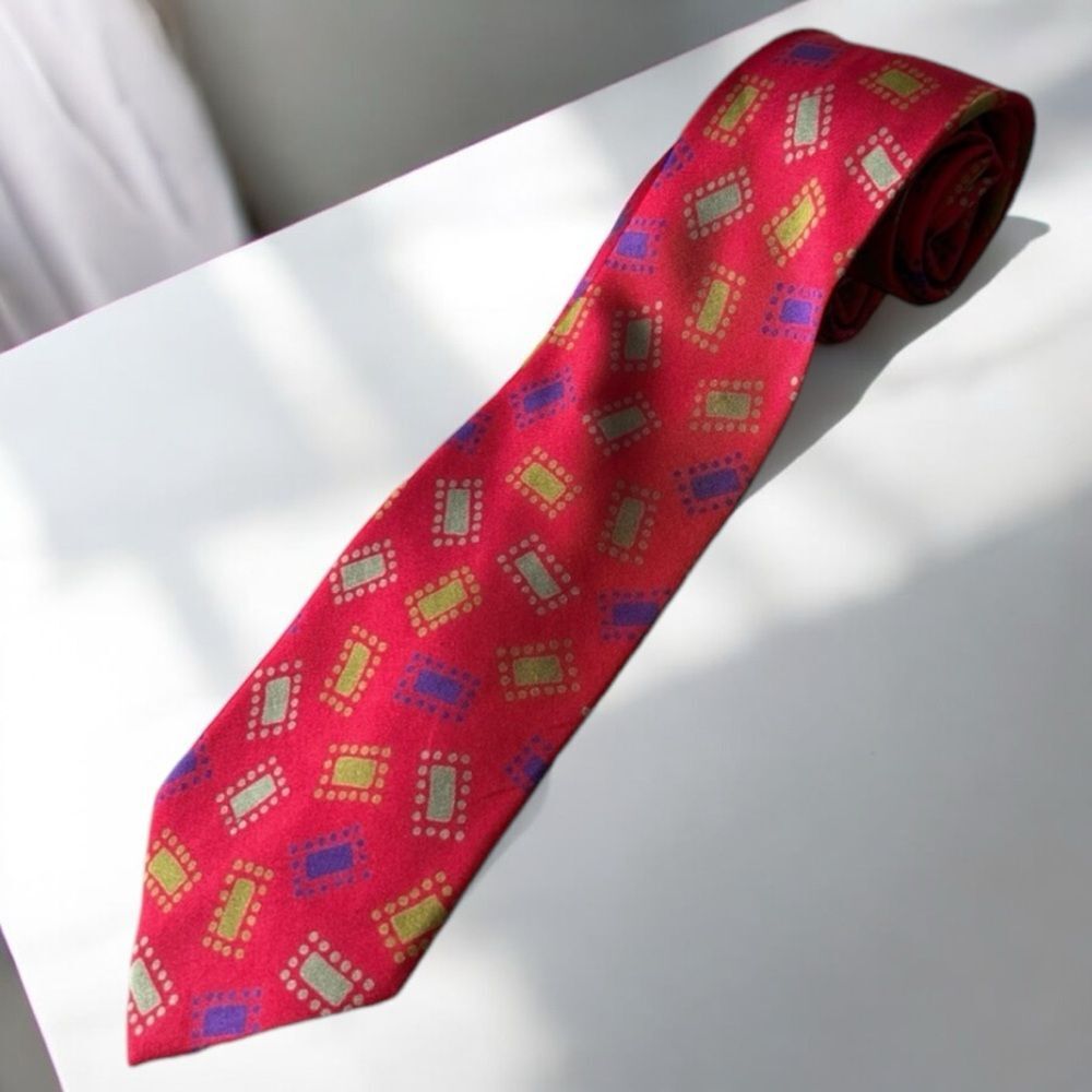 Charvet 100% Silk Neck Tie Red Colorful Geo Confetti Print Made In France Luxury
